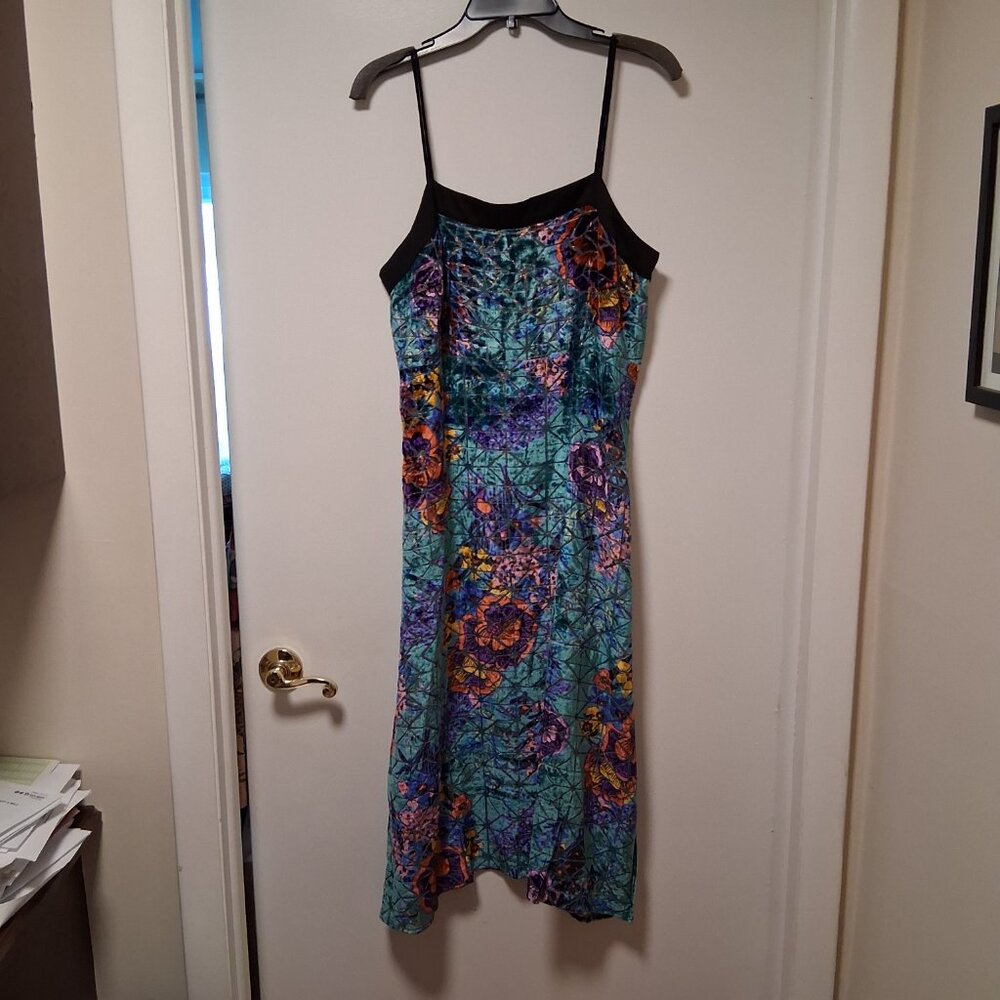 Moulinette Soeurs Teal Floral Midi Slip Dress with Black Trim